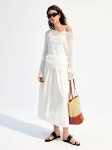 LYSMO Light Apricot Hollow Out Asymmetrical Neckline Long Sleeve Women Cover Up,Country Concert - Apricot - View 4