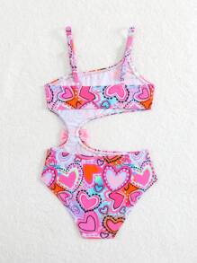 Traje de baño de una pieza con estampado de corazones y lazo para niña joven (diseño de estampado aleatorio)
