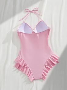 DAZY 1pc Solid Pink Underwire Crossover Halter One Piece Swimsuit For Women, Vacation & Date Occasions,Ruffle - Pink - View 4