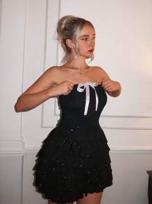 Glamine Special Shiny Patch Loose Powder Tube Top Layered Cake Ruffles Pure Women's Mini Black Dresses - Black - View 1