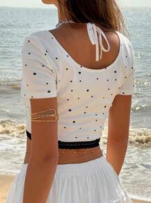 Jouncy Color Block Bowknot Printed 2 In 1 Short Sleeve Top, Casual Vacation Wear - Black and White - View 2