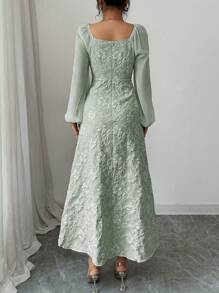 Modelyn 女士提花拼布雪纺泡泡袖 A 字连衣裙