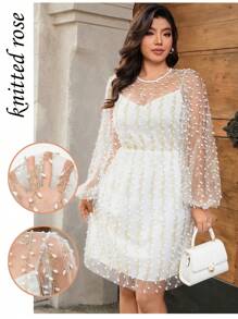 SHEIN Unity Plus Size Women's Spring/Summer New Elegant Embroidery Net Yarn Long Sleeve Round Neck Dress