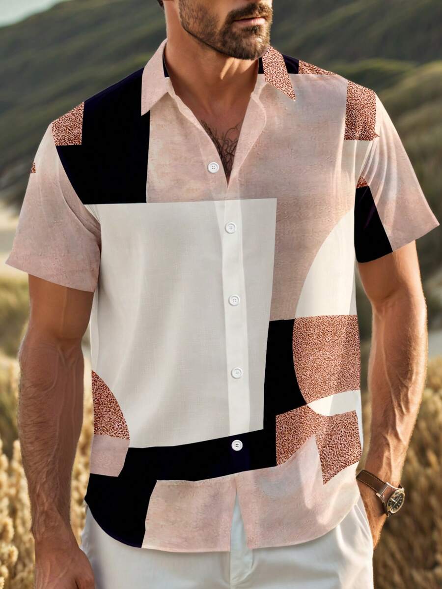 Manfinity RSRT Men Solid Color Splice Front Button Short Sleeve Simple Casual Top, Everyday Wear Cool Summer Shirt For Men Men Summer Shirts Beach Beach Shirts For Men Cool Shirts For Men - Multicolor - View 1