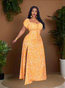 Slaydiva 大码女式浪漫度假优雅黄色碎花露肩 A 字长裙 - 黃色 - 查看 4