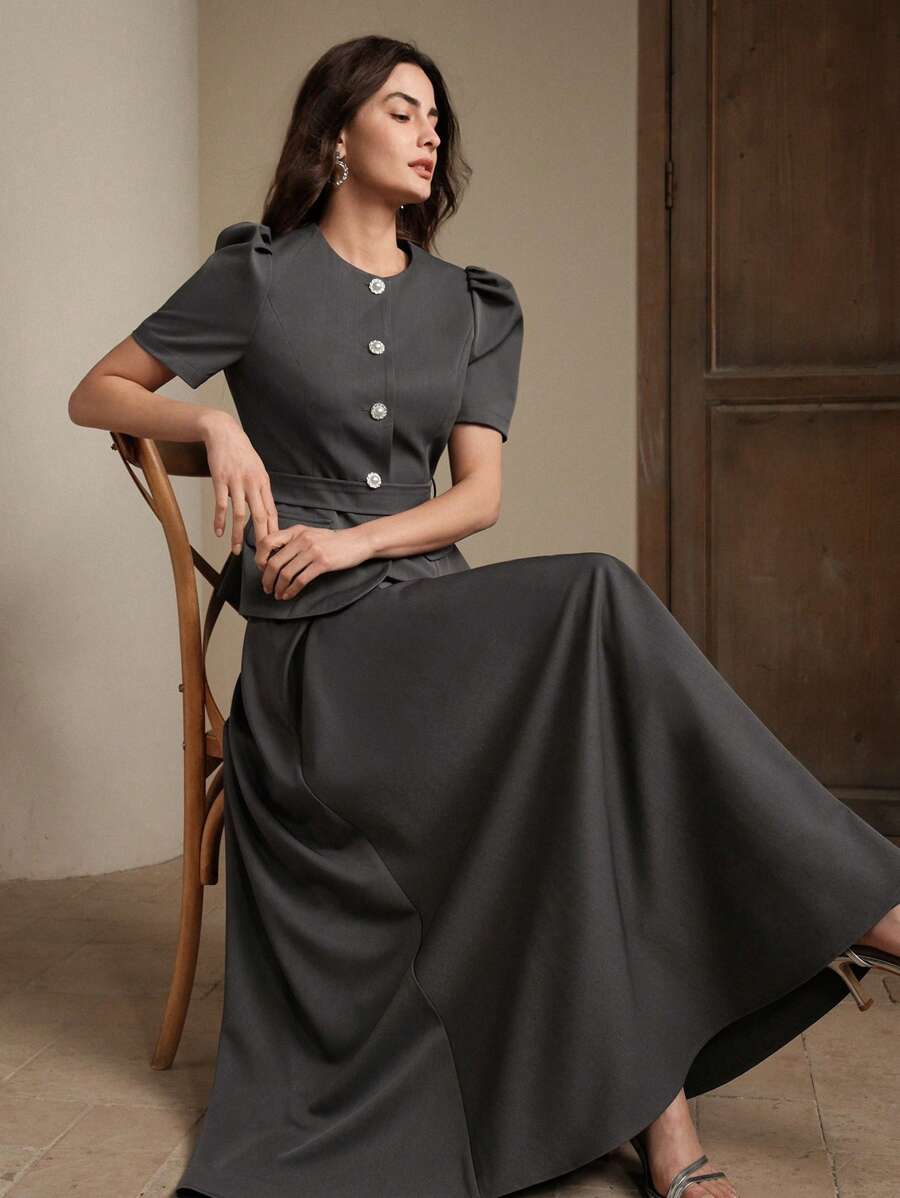 Women's Simple Elegant Commuter Chic Puff Sleeve Waist Flared Two Pieces Skirt Set, Valentine's Day, Summer, New Year - Grey - View 1