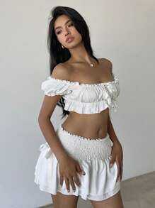 Aloruh 2 Pieces Set: Women's Sweet Pastoral Puff Sleeve Cake Dress For Spring/Summer Vacation White - White - View 8