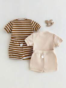 Loomiva 4pcs Newborn Baby Boy/Girl Set: Soft Knit Round Neck Short Sleeve Top And Elastic Waist Shorts - Multicolor - View 2