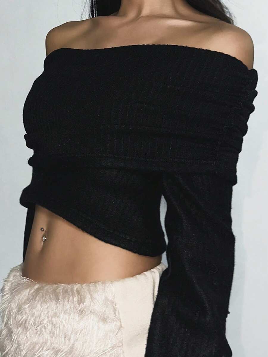 DAZY Femmes T-shirt col roulé moulant à épaules dénudées Y2k, Top à épaules dénudées, Hauts preppy à manches longues pour femmes, Hauts courts pour femmes - Noir - Voir 1