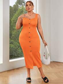 SHEIN Essnce Plus Size Women Square Neckline Button Decorated Front Slit Textured Black Strap Dress - Coral Orange - View 5