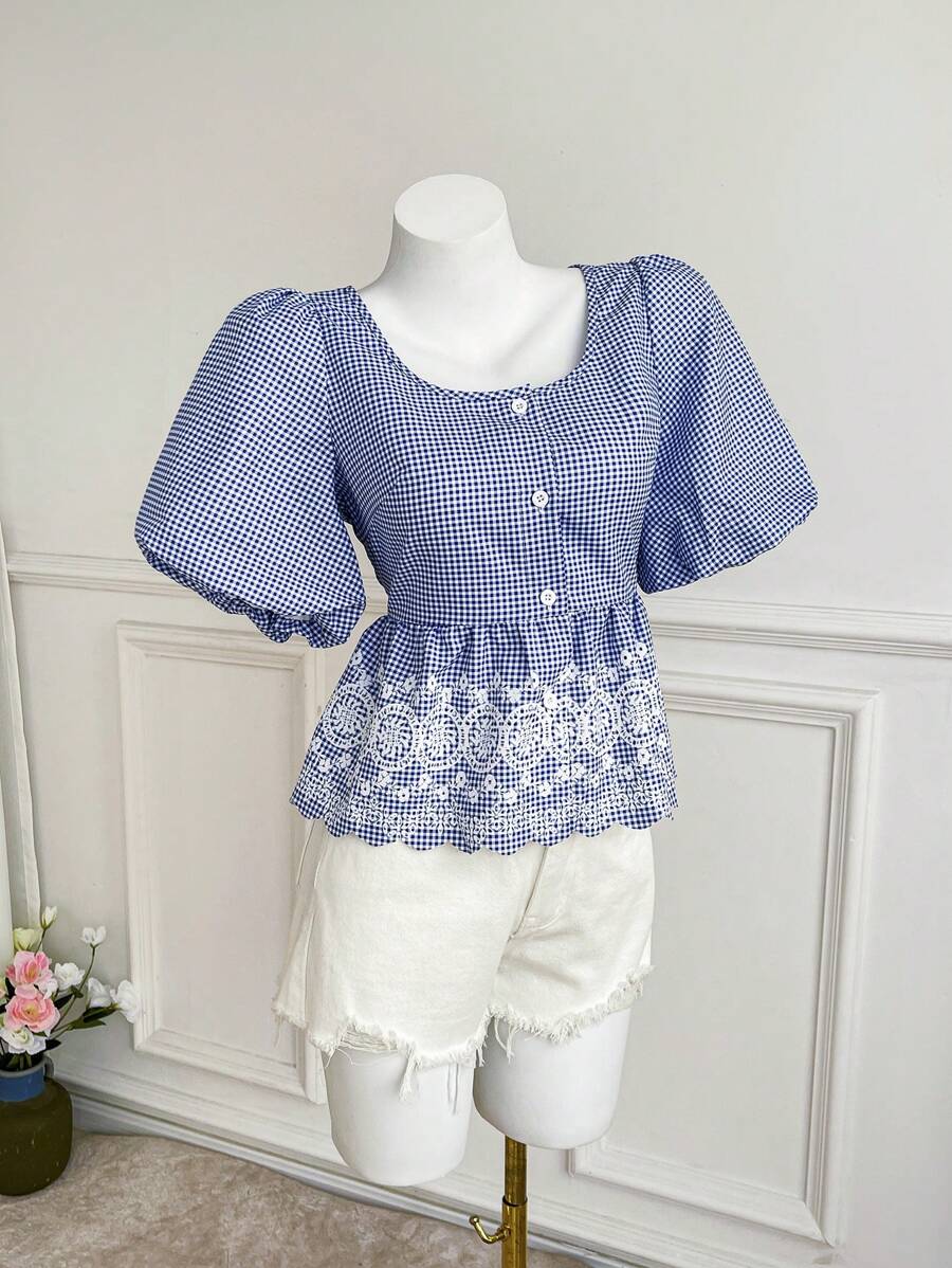 SHEIN Unity Women's Gingham Ruffled Hem Puff Sleeve Blouse, Summer ...