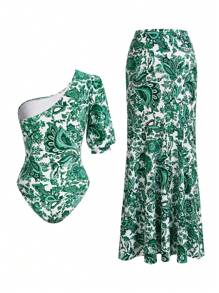 Swim Oasis Women's Retro Print One Piece Swimsuit With Cover Up & Skirt, Vacation & Beach For Summer - Multicolor - View 2