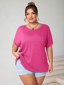 SHEIN CURVE+ Plus Size Crew Neck Colorful Floral Print Bat Wing Sleeve Pocket Patch T-Shirt - Hot Pink - View 7