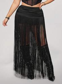 SHEIN ICON Plus Size Extra Long Fringe Pants, Suitable For Music Festivals, Western Style - Black - View 5