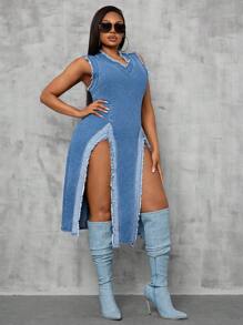 SHEIN SXY Plus Size Women Stretch Patchwork Distressed Frayed Hem High Slit Denim Dress Club Outfits Women Sexy Cowgirl Outfits For Women  Summer Outfits For Women Festival Outfits