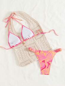 Swim Vcay 女式随机花卉印花细肩带比基尼套装，三角形上衣，可调节肩带，露背，侧褶下摆，夏季海滩度假风格