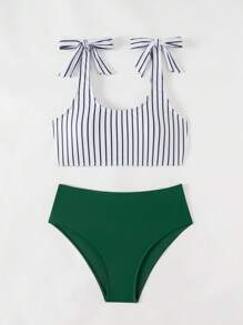 Swim Lushoire Bộ Bikini In (In Ngẫu Nhiên) - Đồ Bơi Sọc Camisole Và Quần Bơi Tam Giác Màu Trơn - Nhiều màu - Xem 3