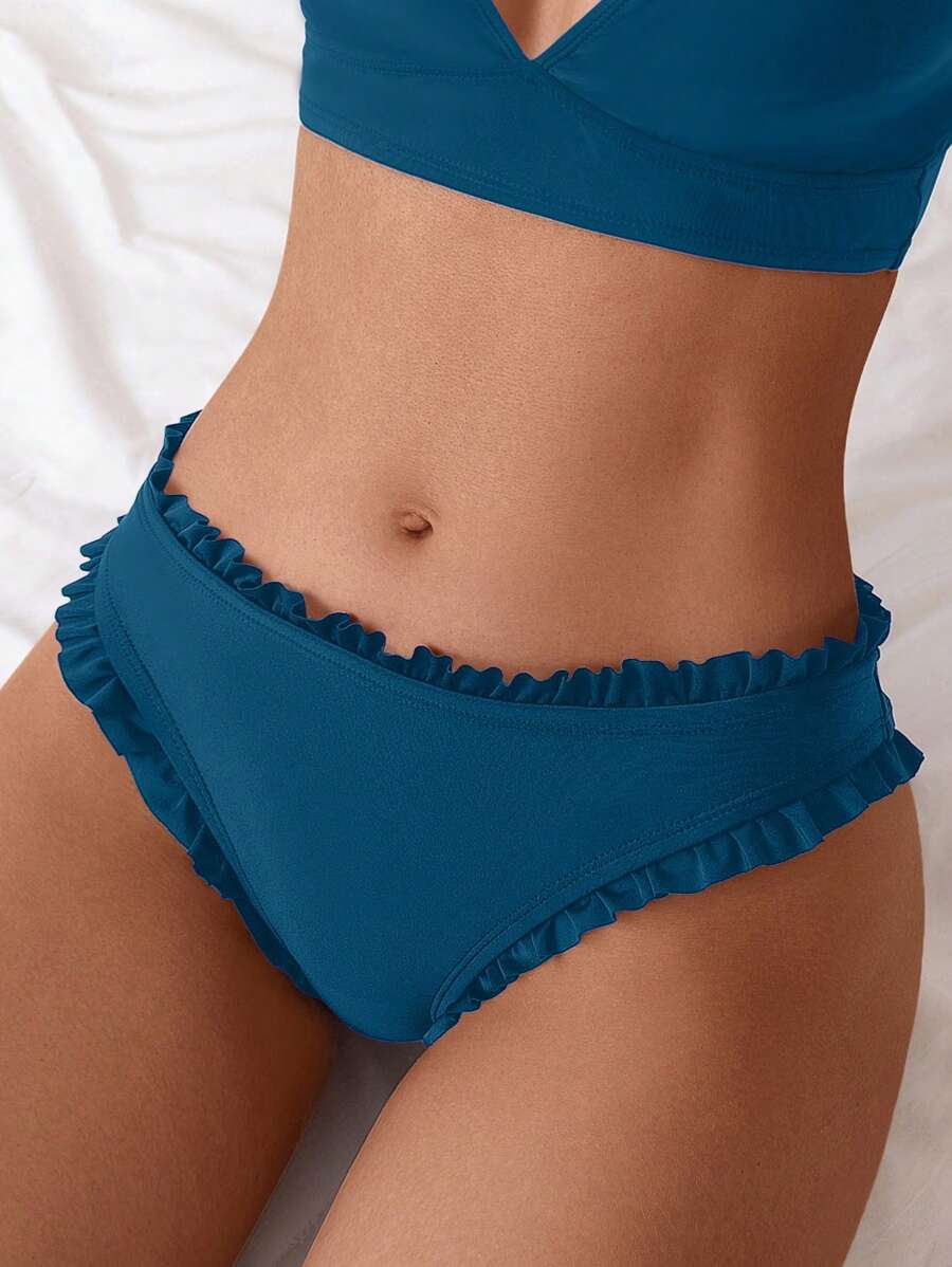 SHEIN Swim Women's Plain Color Ruffle Edge Sexy Bikini Bottom - Teal Blue - View 1