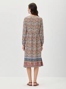 Miaspire Tie Neck Floral Print Lantern Sleeve Smock Dress