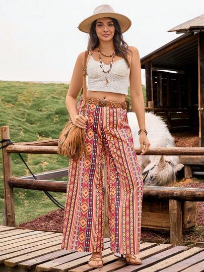 LanaWest 女士印花 H 型休闲乡村风格长裤，适合日常度假穿着