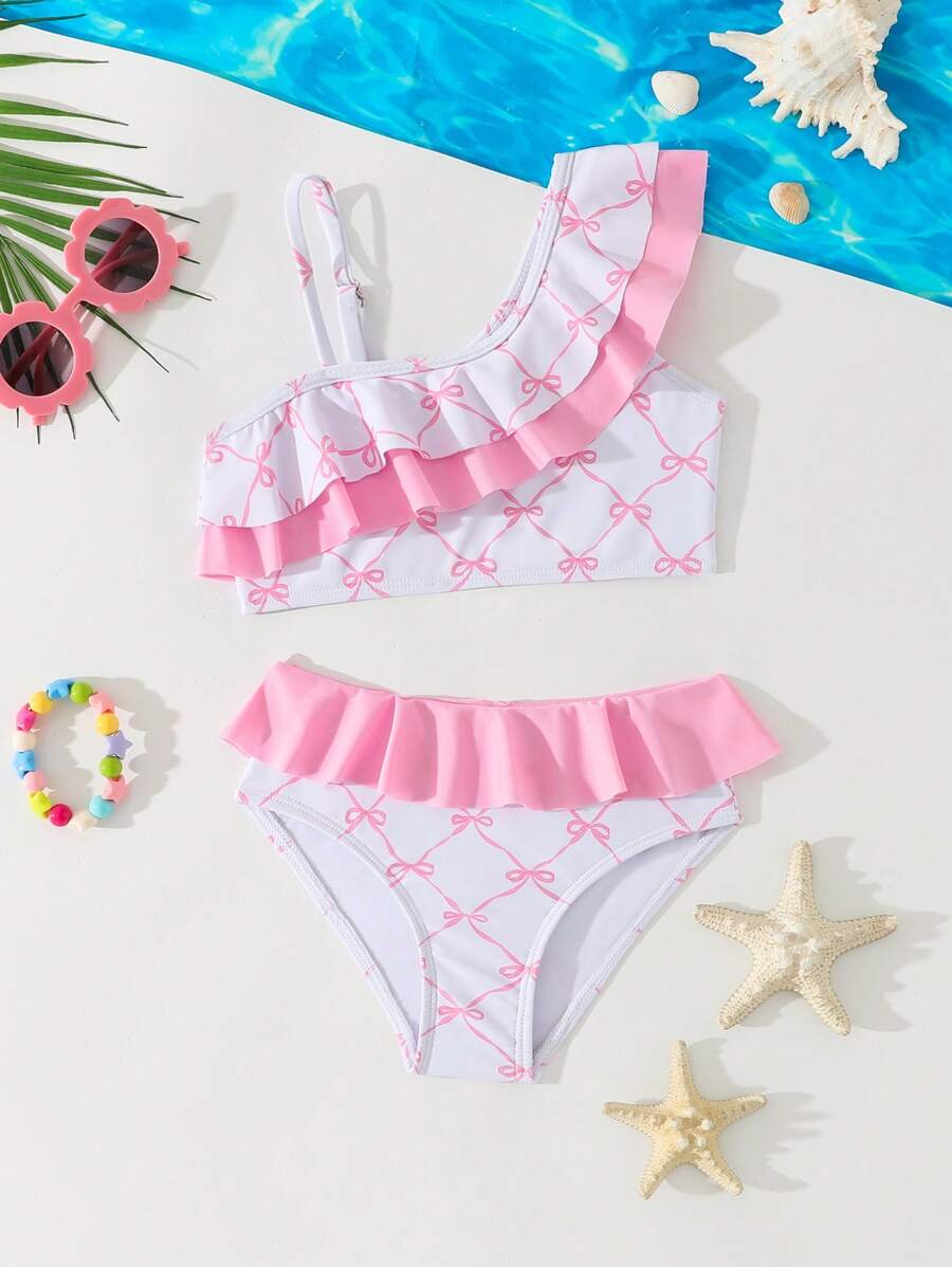 Young Girl Pink Simple Fashion Bow Print Pattern Swimwear Set, Comfortable Print Random - Pink - View 1