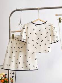 SHEIN 2pcs Set Tween Girls Cute Floral Ruffle Sleeve Top And Mini Skirt Outfit - Apricot - View 2