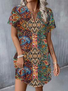 SHEIN LUNE Vestido corto tejido con cuello en V, estampado floral retro minimalista y casual, adecuado para primavera y verano para mujeres