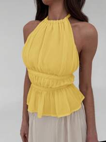 Aloruh 优雅挂脖性感露背甜美纯色荷叶边系带吊带背心 - 黃色 - 查看 6