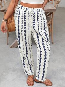 SHEIN Holidaya Pantaloni casual e larghi con stampa a cono, vita con coulisse, adatti alle vacanze, per taglie forti