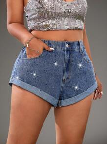 SHEIN ICON Plus Size Women Pocket Rolled Hem Rhinestone Detail High Waist Denim Shorts
