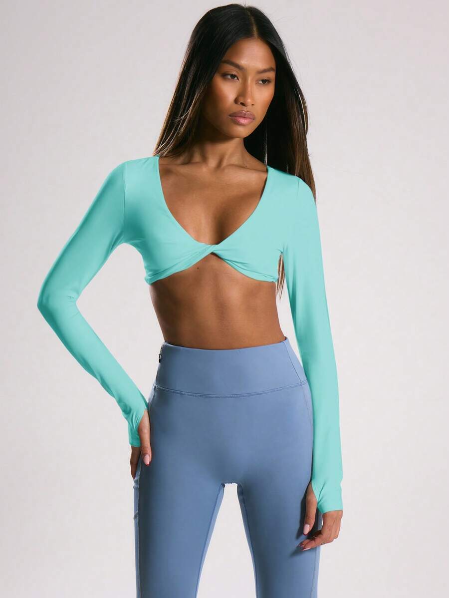 Musera Sport Áo croptop thể thao tay dài kiểu xoắn phía trước, thích hợp cho Padel, Tennis, Pickleball, tập gym, thể dục mùa hè. - Màu xanh nhạt - Xem 1