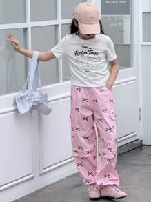 DAZY 2 Stücke Tween Mädchen Herbstkleidung Set: Tween Mädchen Rundausschnitt gestricktes Shirt mit Allover-Muster Kurzarm + Schleifenmuster Webstoff Lange Hose, Frühling/Sommer, Schulanfang Kleidung