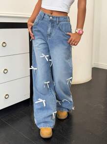 SHEIN Teen Girl Y2K Spring Summer Light Washed Cute Bowknot Low Waist Loose Fit Ripped Denim Wide Leg Jeans, Girls Summer Brunch Graduation , Vacation Beach Casual ,Country Concert Rave