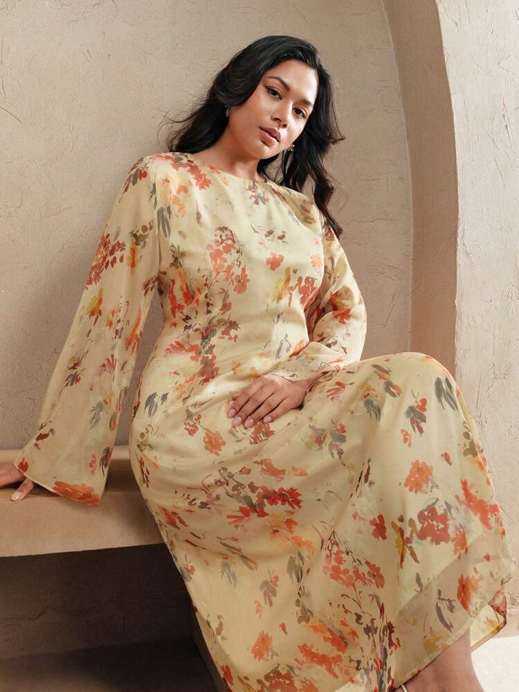 Robe longue à manches longues avec imprimé floral style campagne française, élégante robe fluide jaune pâle taille fine et élégante pour grandes tailles, nouvelle arrivée 2025