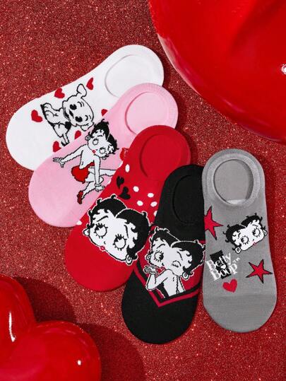 Betty Boop x SHEIN 5 Pairs Women's Breathable Dog, Polka Dot Pattern Soft Boat/No-Show Socks, Reinforced Toe & Heel, Sexy, Multicolor, Suitable For Spring & Summer,Gift Ideas,Party,Holiday,Valentine's Day