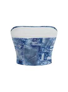 INAWLY Women's Fashionable Denim Effect Crop Top - Multicolor - View 2