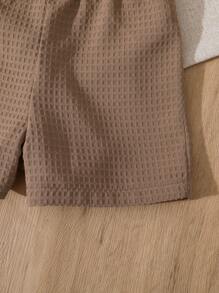 Vintaside Kids 男婴装饰贴袋翻领短袖开衫和短裤套装 - 卡其色 - 查看 6