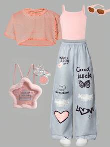 SHEIN ChillGRL 3pcs Set Summer New Hollow-Out Short Sleeve Shirt With Camisole Top And Printed Long Pants,Holiday,Summer,Travel