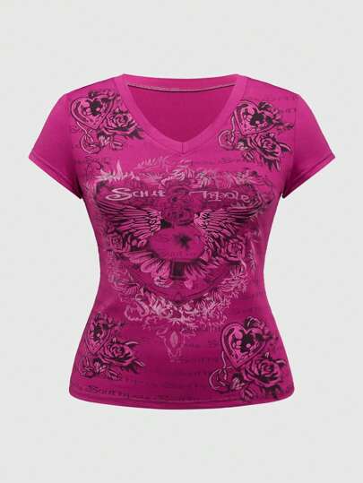 J-Fashion Camiseta ajustada con alas en forma de corazón en estilo vintage y grunge Y2K