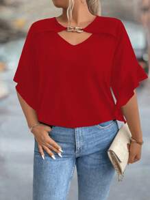 SHEIN Clasi Plus Size Hollow Out Collar Ruffle Sleeve Solid Color Blouse - Red - View 4