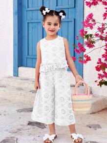 SHEIN 2 Pieces Set Young Girl Woven Solid Color Crew Neck Fitted Camisole & Loose Fit Wide Leg Pants - White - View 6