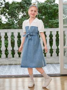 Tween Girls' Collar Ruffled Sleeves Casual Patchwork Denim Dress - Medium Wash - View 5