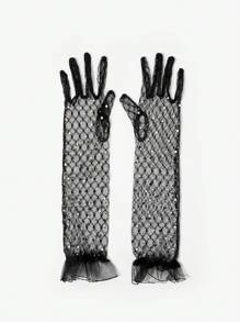 SHEIN SXY 蕾丝水钻短款手套，网眼白色蕾丝边，万圣节服装，新娘婚纱分指手套 - 黑色 - 查看 6