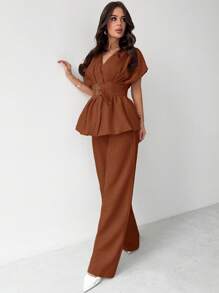 Firerie 全新优雅简约米色竹针织 V 领开衫，系腰带和阔腿高腰裤办公室套装 - 鏽棕色 - 查看 6