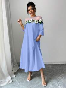 Elenzga Women Floral Applique Decor Mesh Splice Round Neck Dress - Baby Blue - View 4
