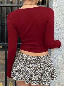 SHEIN EZwear 女士休闲简约高领盖袖勃艮第修身长袖 T 恤，适合春夏季 - 紅木色 - 查看 2