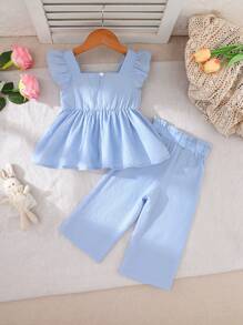 SHEIN Vintaside Kids 2 件套女婴花卉荷叶边前无袖上衣 + 休闲长裤套装，泡泡纹理面料，适合休闲穿着和休闲 - 藍色 - 查看 2