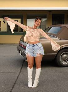 SHEIN ICON High Waist Loose Ripped Snowflake Print Denim Shorts - Blue - View 7