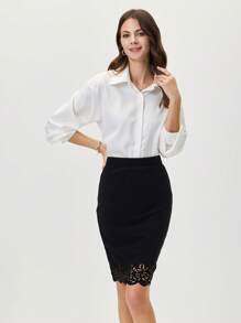 Miaspire Laser Cut Scallop Trim Bodycon Skirt - Black - View 5