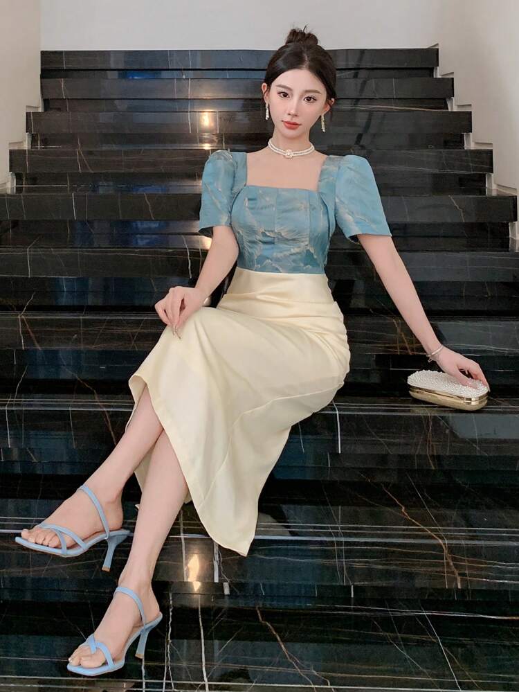Women Jacquard Square Collar Short Puff Sleeve Slim Fit Elegant Dress Prom Dress
